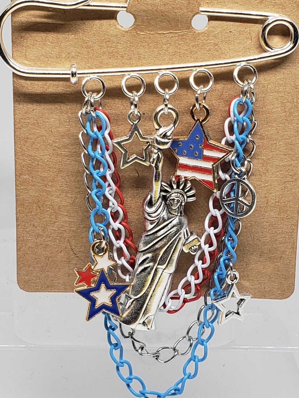 Handmade Peace Patriotic USA America Charm Safety Pin Brooch